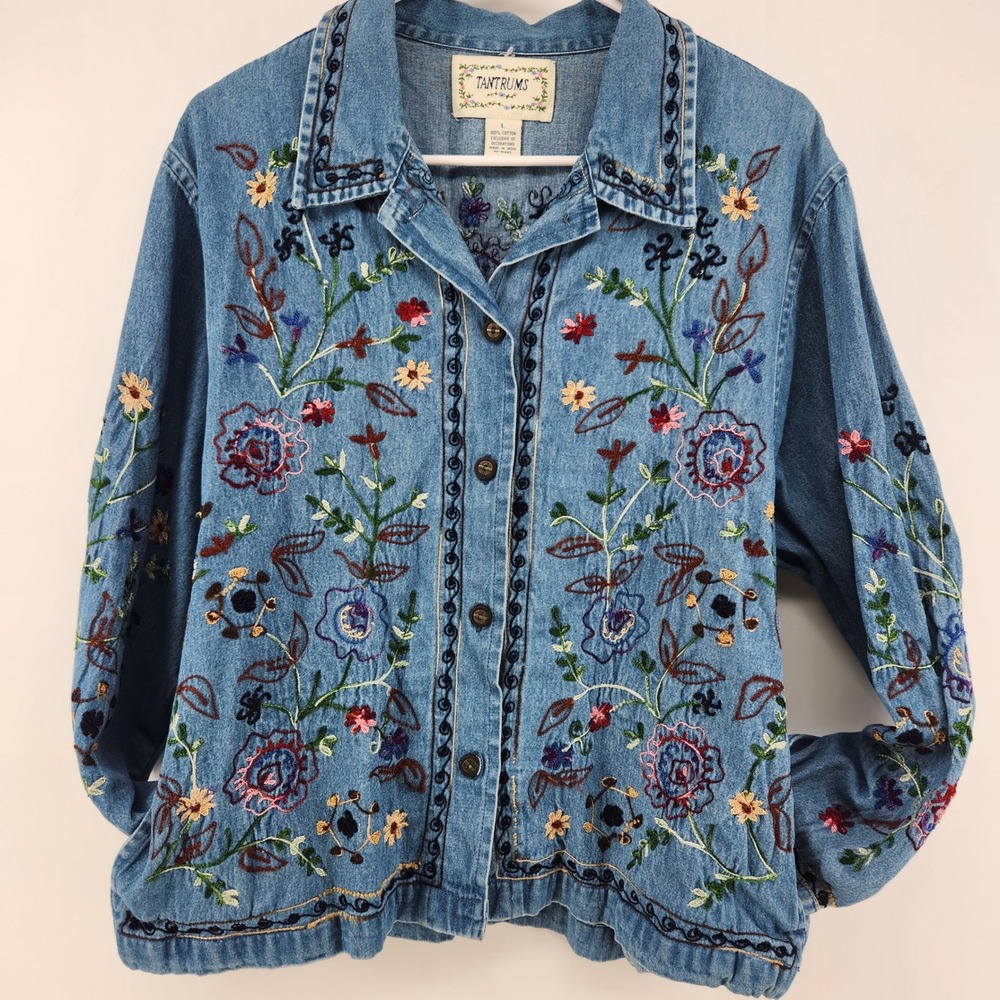 Tantrums Womens Blue Denim Floral Embroidered Button Front Jacket Size L VTG